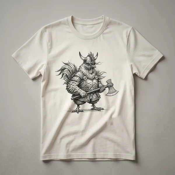 A black graphic t-shirt featuring a sketch illustration of a chicken wearing a Viking helmet and holding an axe, with a vintage aesthetic.