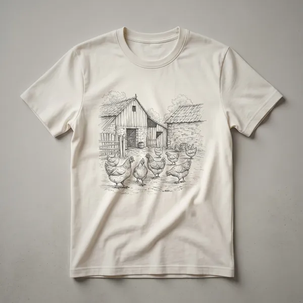 A vintage farm scene graphic t-shirt featuring a barn and chickens, displayed on a heather grey shirt.