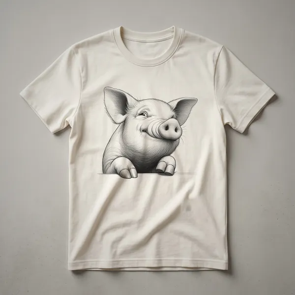 Black t-shirt with a cartoon illustration of a pink pig peeking over the bottom edge, showing its snout, eyes, and ears.