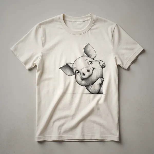 White t-shirt with a cartoon illustration of a pink pig peeking over the bottom hem, showing its snout and ears.