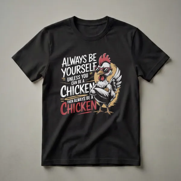 Black t-shirt with a graphic design of a cool chicken wearing sunglasses and the text 'Always Be Yourself Unless You Can Be A Chicken, Then Always Be A Chicken'.