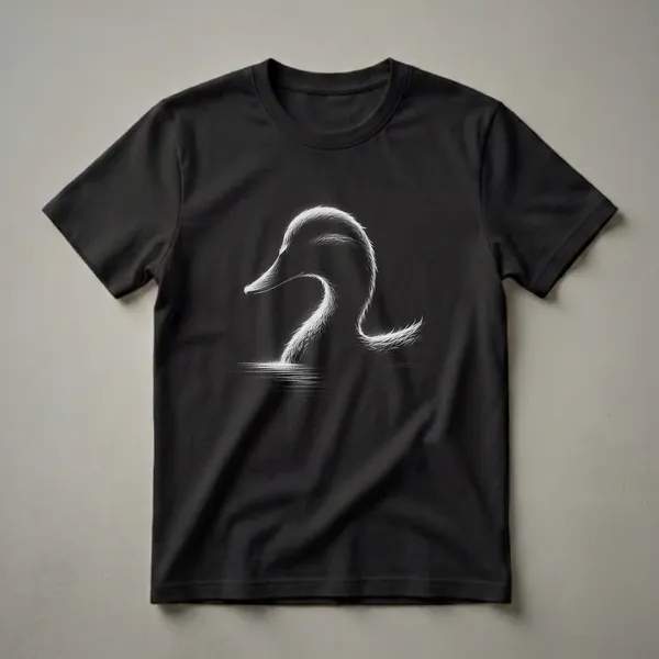 Black t-shirt featuring a white, stylized silhouette of a duck's head and neck emerging from water, rendered with fine, textured lines.