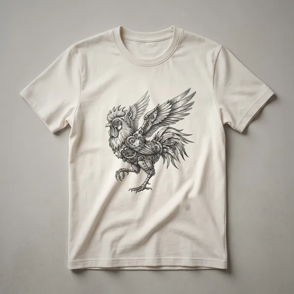 A graphic t-shirt featuring a steampunk rooster illustration with gears and mechanical elements, printed on a black shirt.