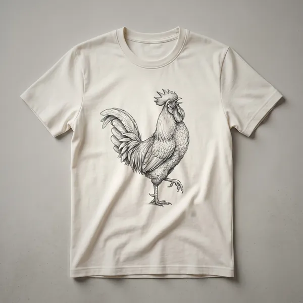 Black and white line drawing of a rooster on a white t-shirt, suitable for farmers and farm lovers.