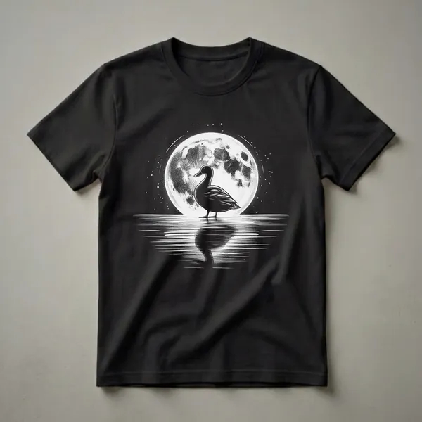 Black and white graphic t-shirt featuring a duck standing in water with its reflection, set against a large full moon and starry night sky.