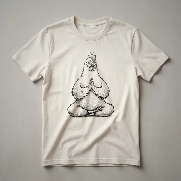 White graphic t-shirt featuring a cartoon chicken in a meditation yoga pose with a serene expression, surrounded by subtle Zen-inspired elements.