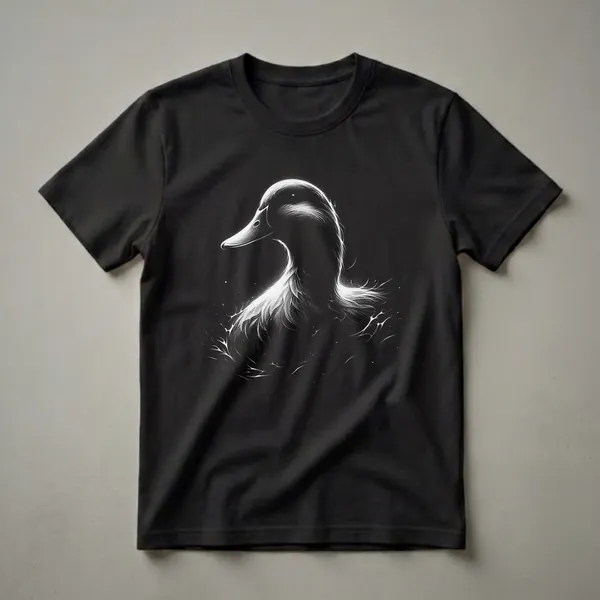 Black t-shirt with a white, high-contrast illustration of a duck's head and neck, featuring detailed linework and stippling.