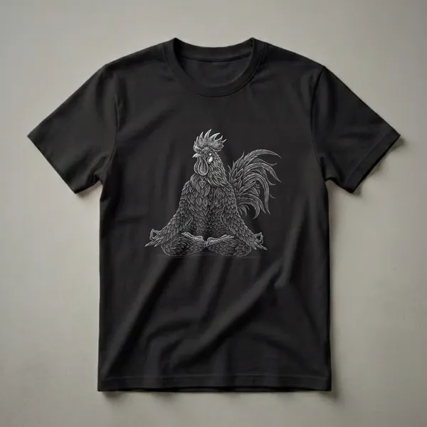 Black t-shirt with a white scratchboard illustration of a rooster sitting in a meditative yoga pose with its hands in a mudra.