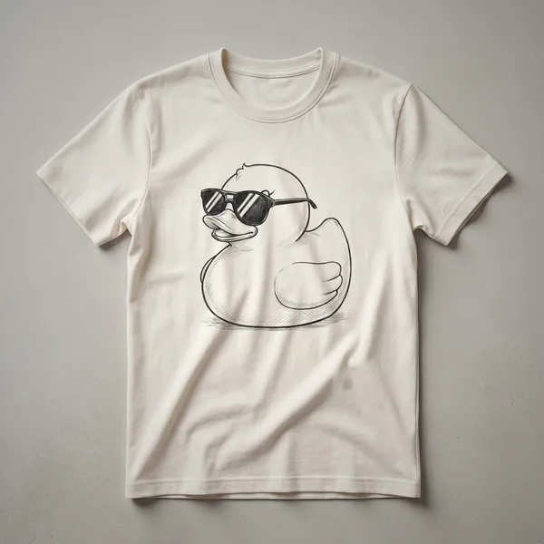White graphic t-shirt with a stylized illustration of a duck in black outline, suitable for kids and adults.