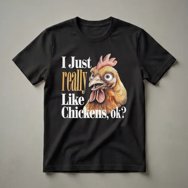 Black t-shirt with a detailed illustration of a chicken's head and the text 'I Just Really Like Chickens, Ok?'