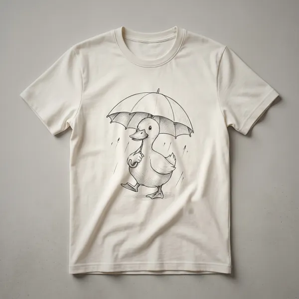 White graphic t-shirt featuring a cartoon illustration of a yellow duck wearing a blue hat and holding a red umbrella.