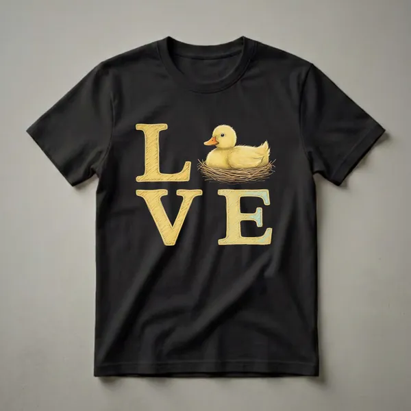 Black t-shirt featuring the word LOVE in textured yellow letters, with a fluffy yellow duckling sitting in a straw nest in place of the letter O.