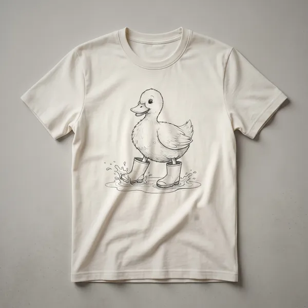 White t-shirt with a graphic of a cartoon duck wearing yellow rain boots and standing on a white background.