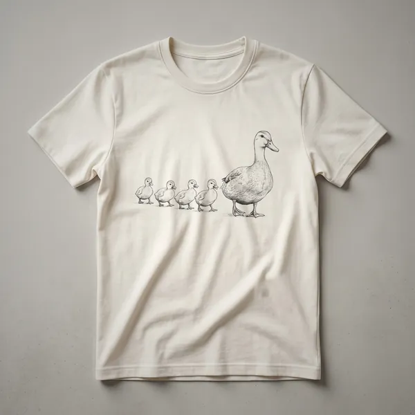 White graphic t-shirt featuring a cartoon illustration of a mother duck swimming in front of a line of ducklings on blue water.
