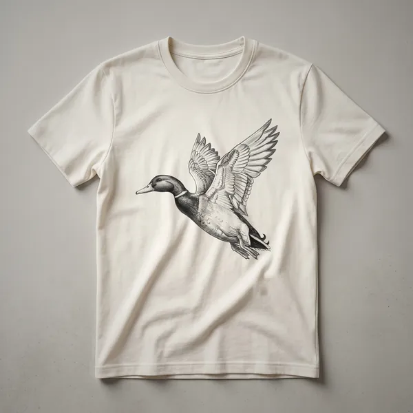 A black and white sketch of a mallard duck in profile, printed on a white t-shirt.
