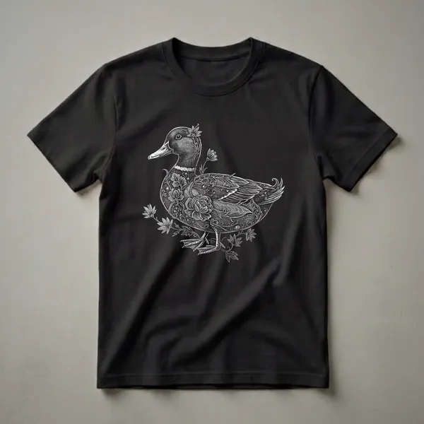 Black and white graphic t-shirt featuring a detailed illustration of a mallard duck adorned with floral patterns and vines, set against a black background.