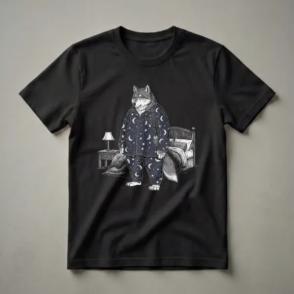 A black graphic t-shirt featuring a detailed illustration of a wolf wearing navy blue pajamas with a moon and star pattern, standing in a bedroom setting.