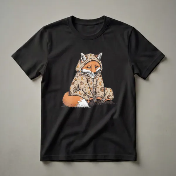 Light brown t-shirt featuring a cartoon fox wearing hooded pajamas with a pattern of moons, stars, owls, and hedgehogs, depicted with a sleepy expression.