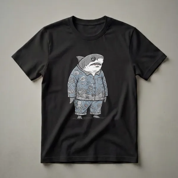 A graphic t-shirt featuring a cartoon shark wearing blue pajamas with an underwater scene print, including fish, coral, an octopus, and starfish.