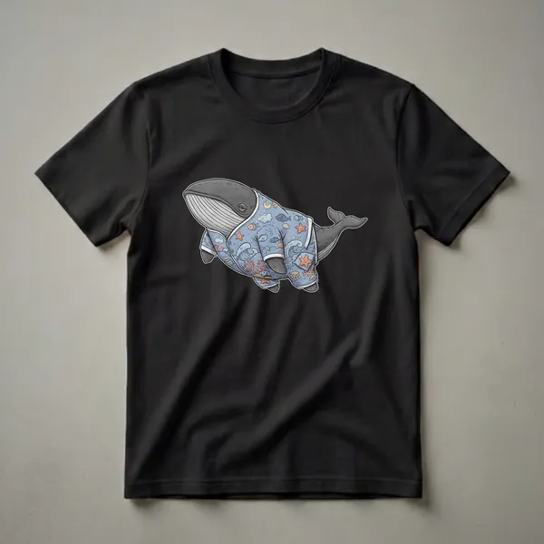 A cartoon humpback whale wearing blue pajamas printed with an underwater scene featuring fish, starfish, jellyfish, and waves. The whale has a sleepy expression.