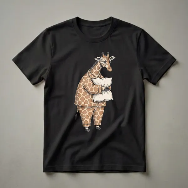 A graphic t-shirt featuring a cartoon giraffe wearing brown and tan spotted pajamas and holding a white pillow, with a tired expression on its face.