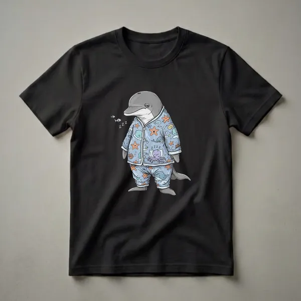 Light blue pajama t-shirt featuring a cartoon dolphin wearing pajamas with starfish, whales, and an octopus pattern, with 'ZZZ's and fish floating around its head.