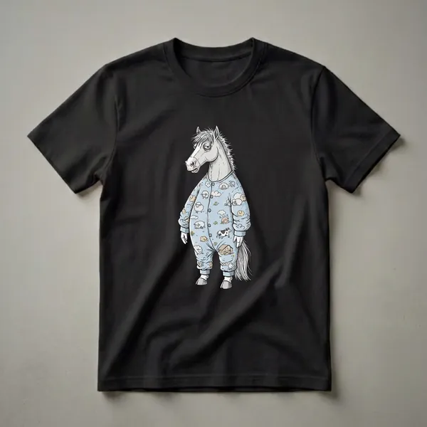 Light blue graphic t-shirt featuring a cartoon horse wearing blue pajamas with sheep, clouds, a cow, and a barn pattern, looking very sleepy.