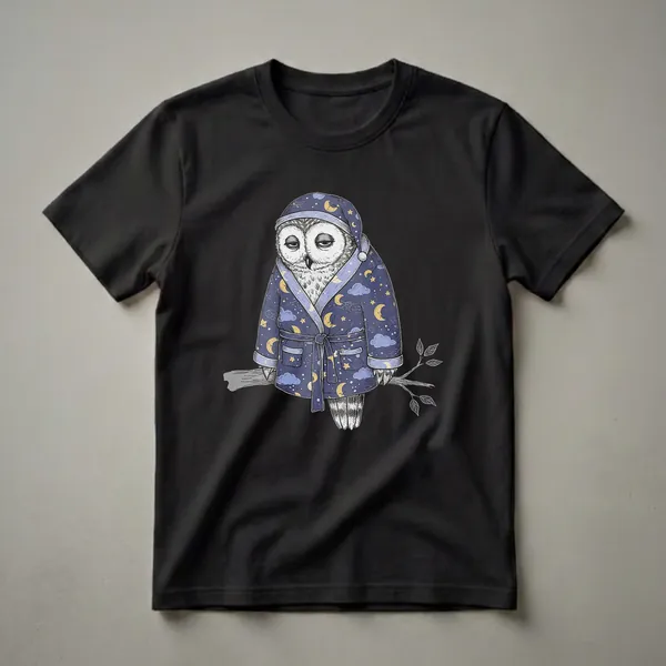 A white and grey owl wearing a blue patterned nightcap and robe with moons and stars, sitting on a branch, on a black background.