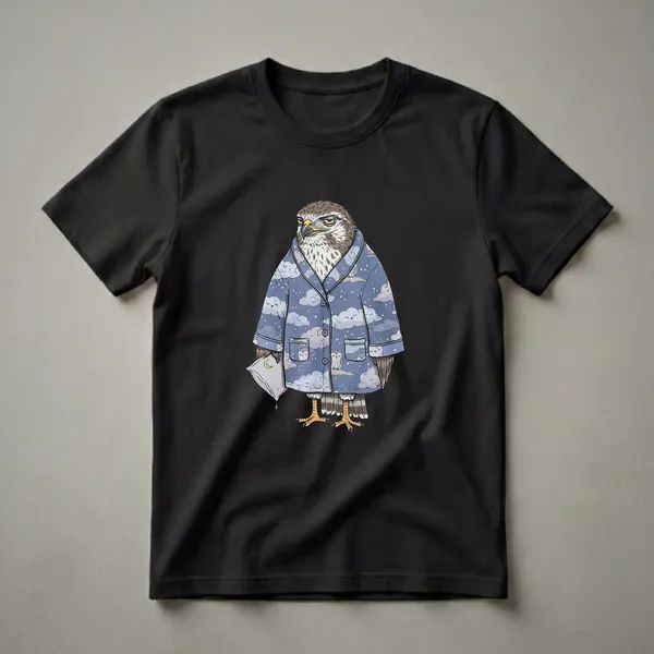 A graphic t-shirt design featuring a cartoon hawk wearing blue pajamas with a cloud and owl pattern, holding a pillow, against a black background.
