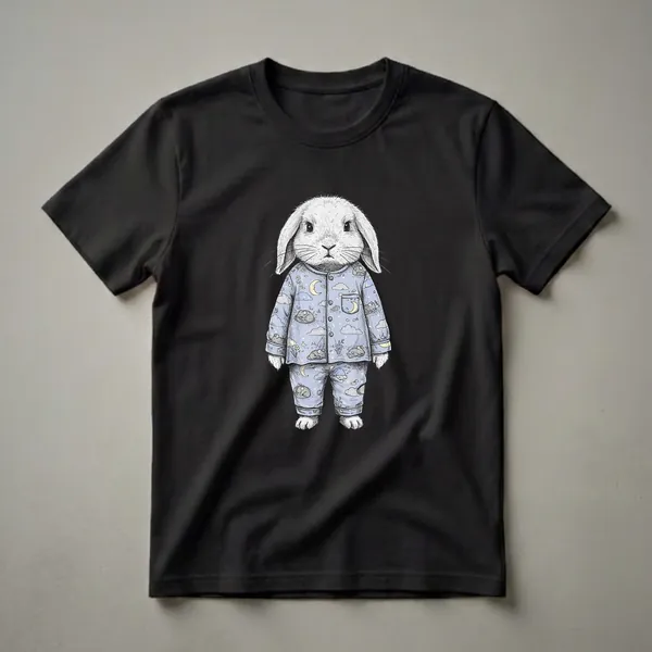 White rabbit wearing blue pajamas with a pattern of sleeping mice, clouds, and moons, on a black background.