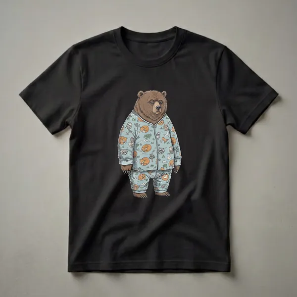 Light blue pajama shirt featuring a cartoon bear with a grumpy expression, surrounded by a pattern of sleeping foxes, owls, raccoons, hedgehogs, and greenery.