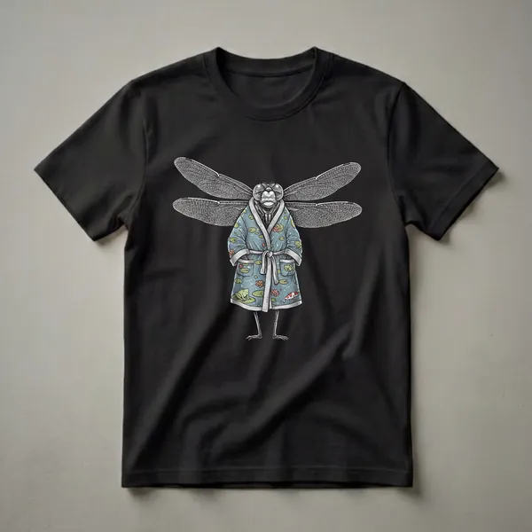 Black t-shirt featuring a detailed illustration of a dragonfly wearing a blue bathrobe with a pattern of lily pads, frogs, and a koi fish.