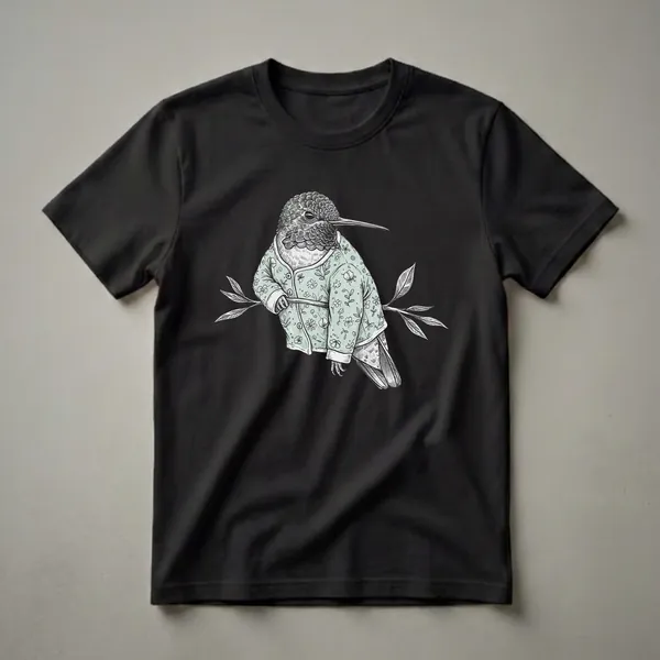 Black t-shirt featuring a detailed line drawing of a hummingbird wearing a light blue floral pajama set and perched on a branch.