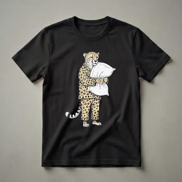 A graphic t-shirt featuring a hand-drawn illustration of a cheetah wearing yellow pajamas with black spots, holding a white pillow against a black background.