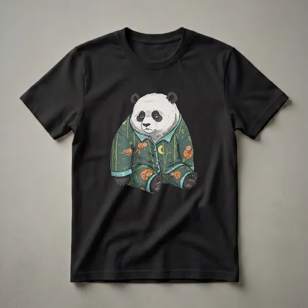 A graphic t-shirt featuring a sleepy panda wearing teal pajamas with a bamboo and red panda pattern, set against a black background.