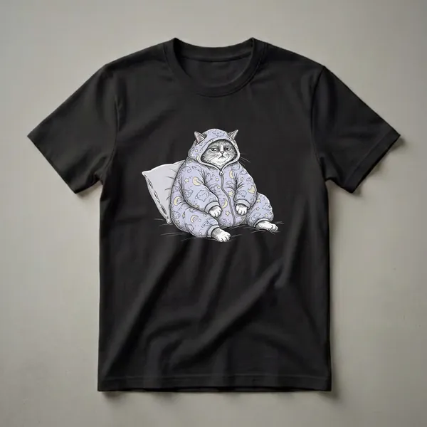 Light blue pajama t-shirt with a black and white sketch of a grumpy cat wearing a hooded onesie with moons and stars, sitting next to a pillow.