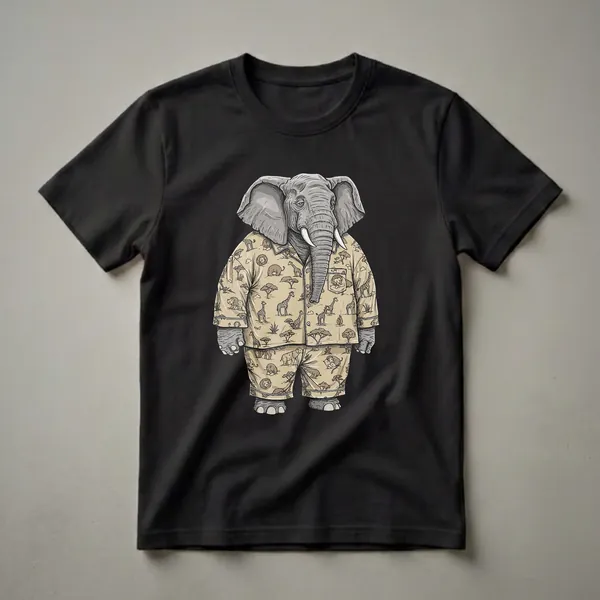 A graphic t-shirt featuring a cartoon elephant wearing tan pajamas printed with a safari scene of giraffes, lions, hippos, and trees.