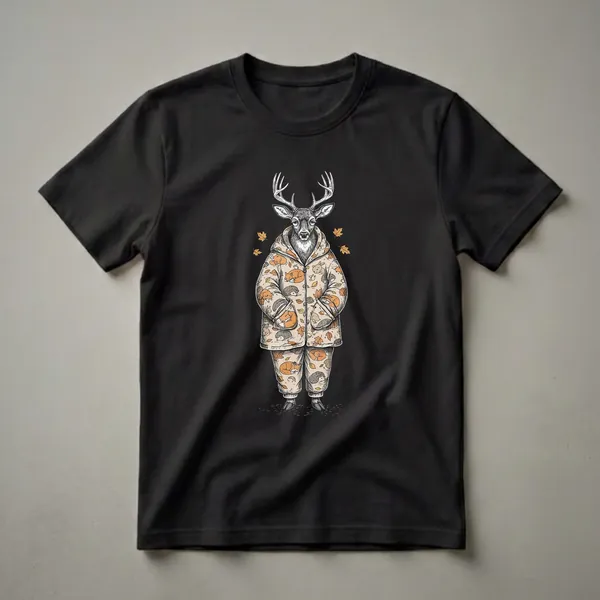 A graphic t-shirt featuring a deer wearing pajamas with a pattern of sleeping foxes, hedgehogs, bunnies, and autumn leaves, set against a black background.