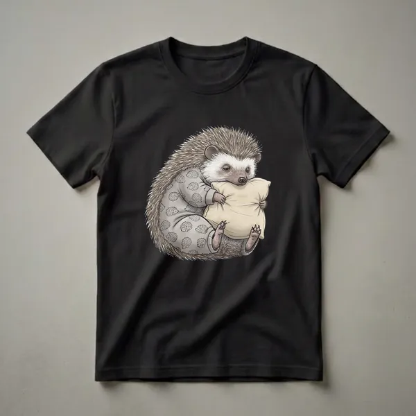 A grey and white hedgehog wearing light grey pajamas with a pattern of smaller hedgehogs, curled up and holding a light yellow pillow, on a black background.