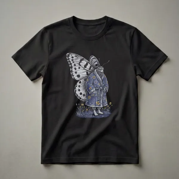 A black graphic t-shirt featuring an anthropomorphic butterfly wearing a blue floral robe and standing in a patch of grass with small flowers. The butterfly has large, black and white polka-dotted wings and looks sleepy.