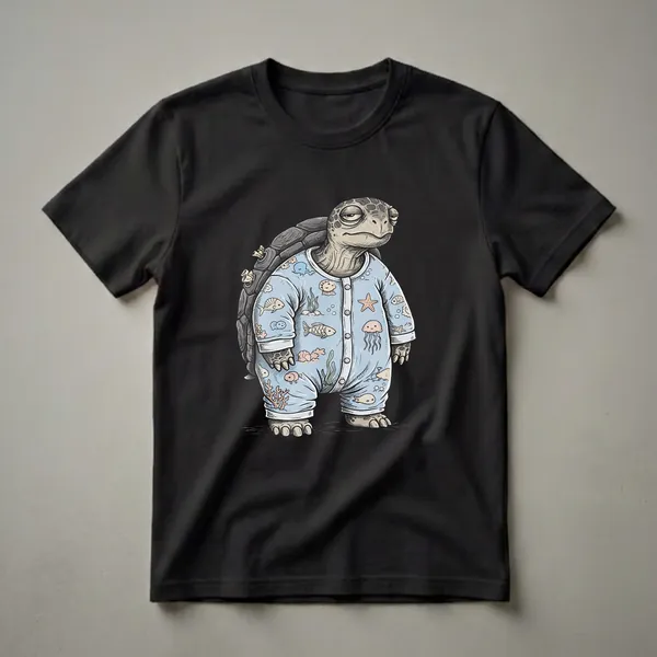 Light blue graphic t-shirt featuring a cartoon turtle wearing pajamas with a pattern of fish, jellyfish, starfish, and octopuses, depicted with a very sleepy expression.