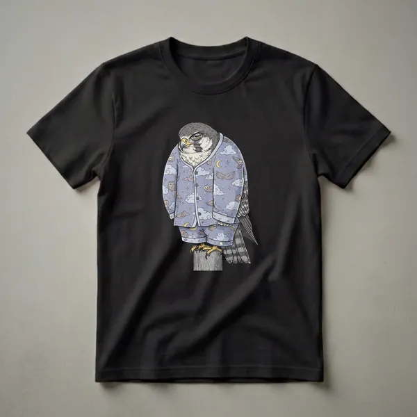 Light blue graphic t-shirt featuring a cartoon peregrine falcon wearing pajamas with a pattern of clouds, moons, stars, and owls.