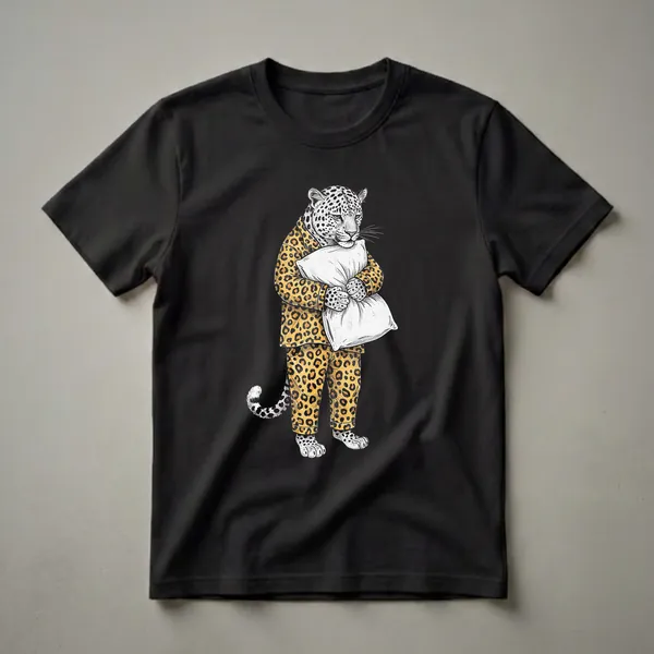 Black and white illustration of a leopard wearing yellow and black leopard print pajamas, holding a white pillow, on a black background.