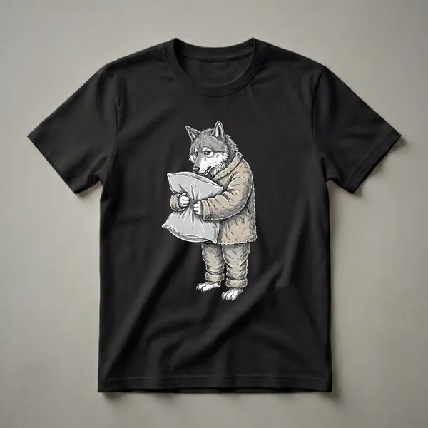 A grayscale graphic t-shirt featuring a wolf wearing pajamas and a fur-lined coat, holding a pillow with a tired expression.
