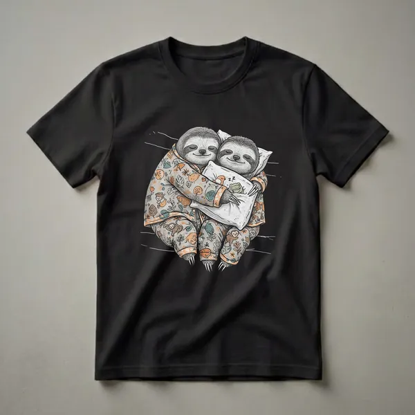 A gray t-shirt featuring an illustration of two sloths in patterned pajamas cuddling a pillow on a black background, with white line accents.