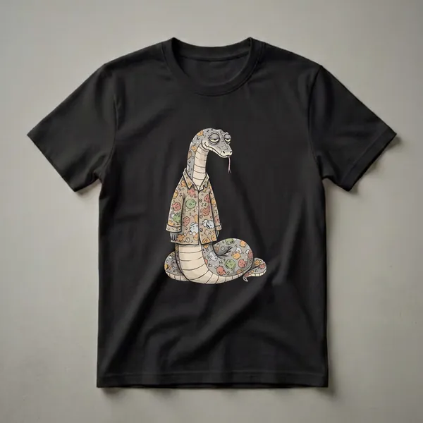 A light brown t-shirt featuring a cartoon snake wearing pajamas with a pattern of sleepy faces, moons, stars, and ZZZs, against a black background.