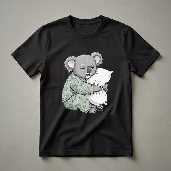 Light green graphic t-shirt featuring a cartoon koala wearing pajamas and hugging a white pillow, with a sleepy expression.