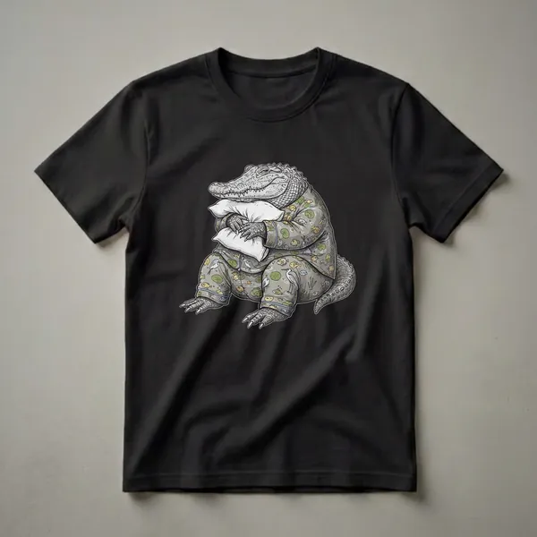 Grey graphic t-shirt featuring a cartoon alligator wearing pajamas and holding two white pillows, with a pattern of fish and lily pads on the pajamas.