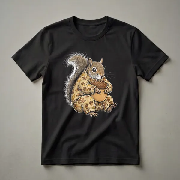 A light brown graphic t-shirt featuring a cartoon squirrel wearing tan pajamas with an acorn and oak leaf pattern, holding a large brown acorn against a black background.