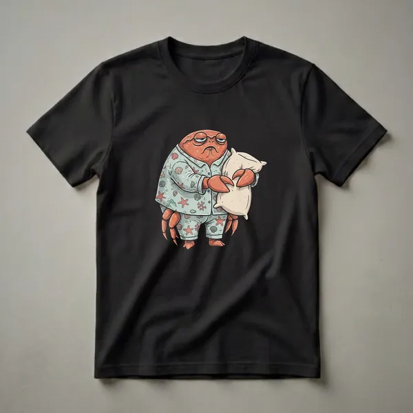 Light blue t-shirt featuring a cartoon illustration of a sleepy crab wearing pajamas with a seashell pattern, holding a pillow. The crab has a tired expression.